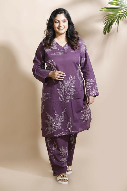 Breathables Women’S Purple Cotton Abstract Print Loungewear Co-Ord Set – Long Kurta & Pants
