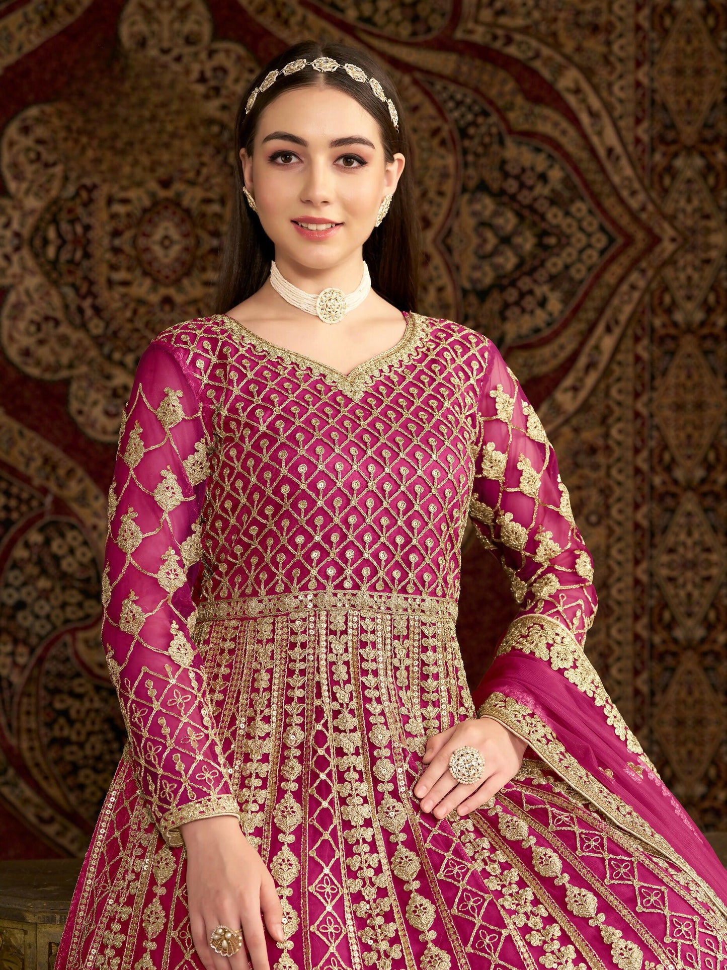 Anaita Rani Pink Embroidered Net Stitched Anarkali Suit