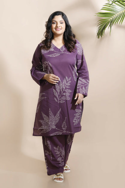Breathables Women’S Purple Cotton Abstract Print Loungewear Co-Ord Set – Long Kurta & Pants