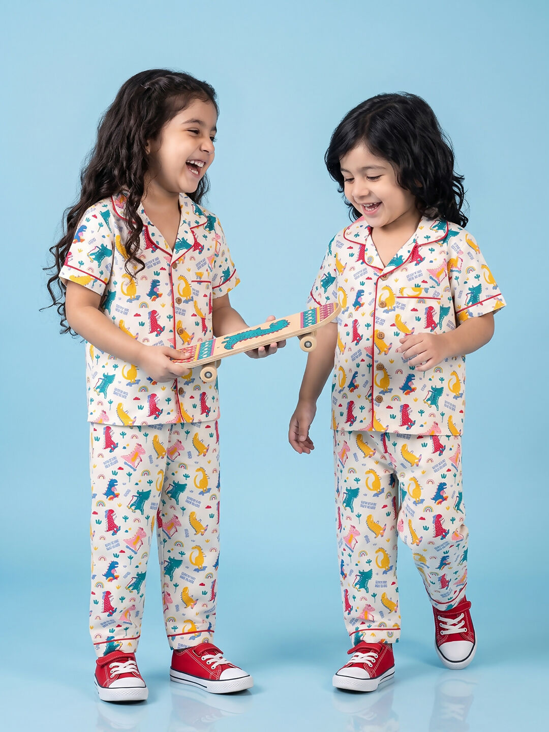 Breathables Woven Cotton Half Sleeves Dino Shirt & Pyjama White