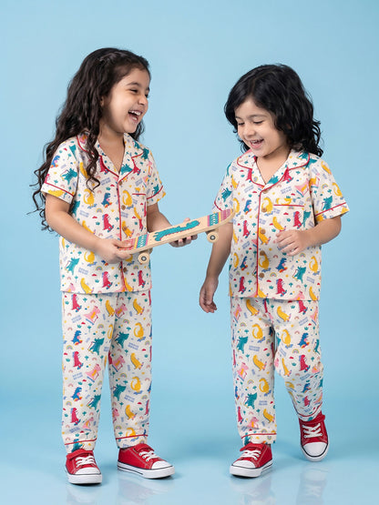 Breathables Woven Cotton Half Sleeves Dino Shirt & Pyjama White