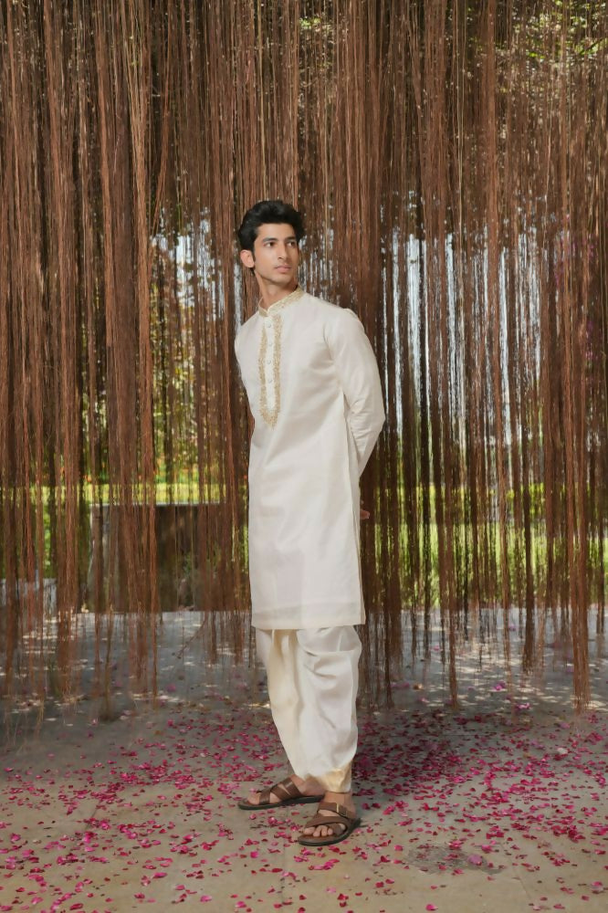 White Kanjivaram Hand Embroidered Pattu Set by Hilo Design