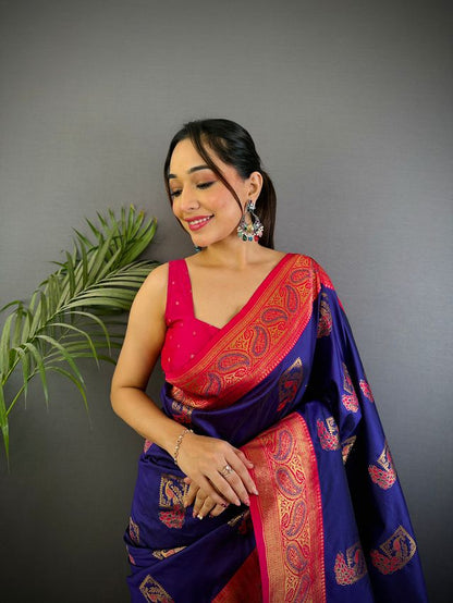 Elora Dark Blue Soft Silk Peacock Pattern Zari Weaving Contrast Border Banarasi Saree