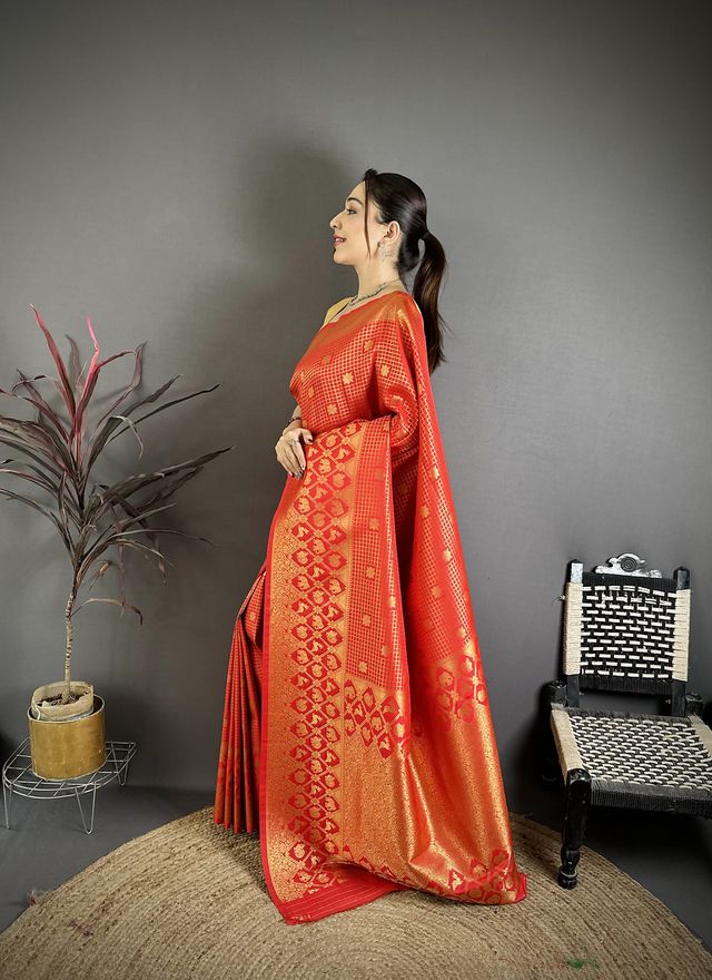 Elora Red Banarasi Soft Silk Checked Body With Floral Motifs South Pattu Saree