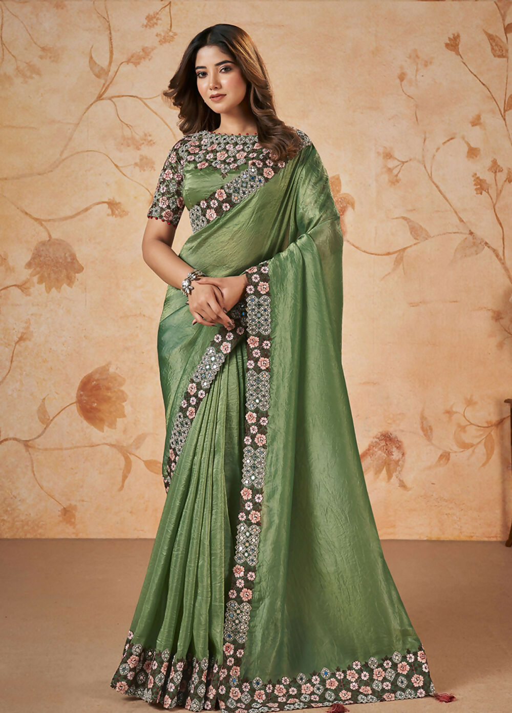 Green Banarasi Crush Silk Thread, Sequence, Cord Embroidered with Stone & Mirror Work Saree - Mohmanthan Dakshika