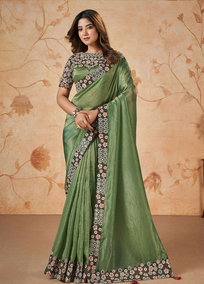 Green Banarasi Crush Silk Thread, Sequence, Cord Embroidered with Stone & Mirror Work Saree - Mohmanthan Dakshika