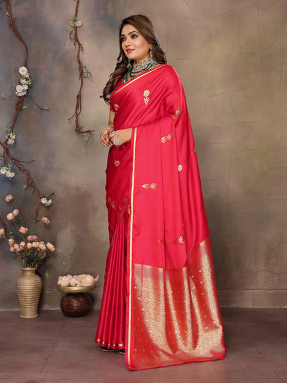 Joban Fashion  Brick Red Floral & Botanical Motifs Satin Silk Banarasi Silk Saree