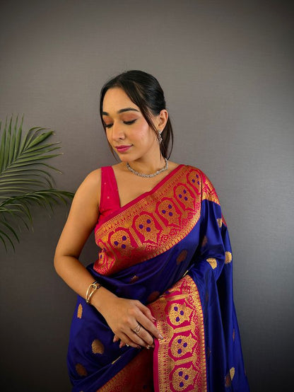 Elora Royal Blue Soft Silk Butti Zari Weaving Contrast Pallu Banarasi Saree