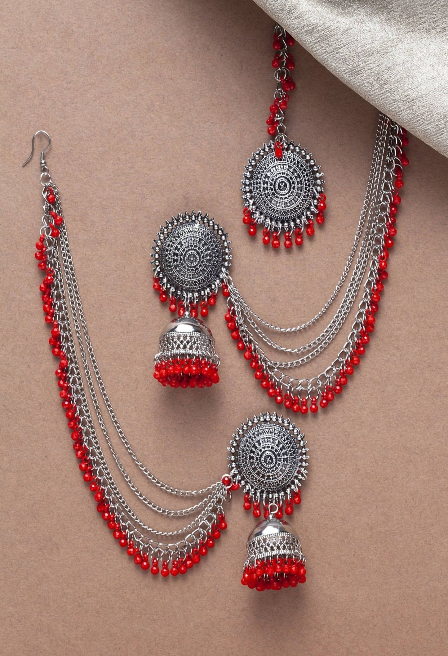 Mominos Fashion Johar Kamal Bahubali Red Beads Earrings With Tikka