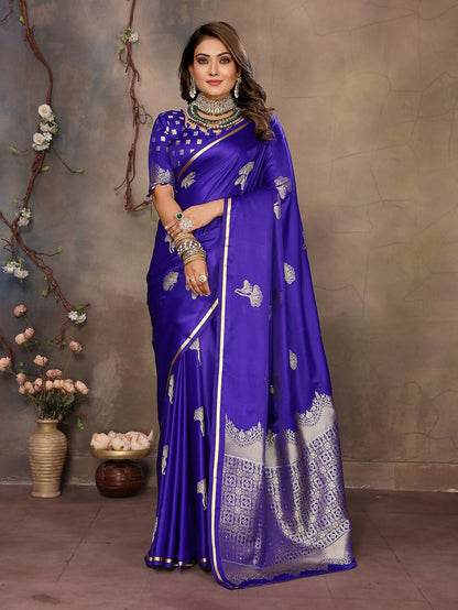 Joban Fashion Royal Blue Floral Motifs Banarasi Silk Sarees