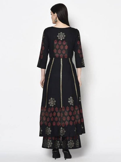 Aniyah Rayon Black Color Block Print Anarkali Palazzo Set (AN-186K)