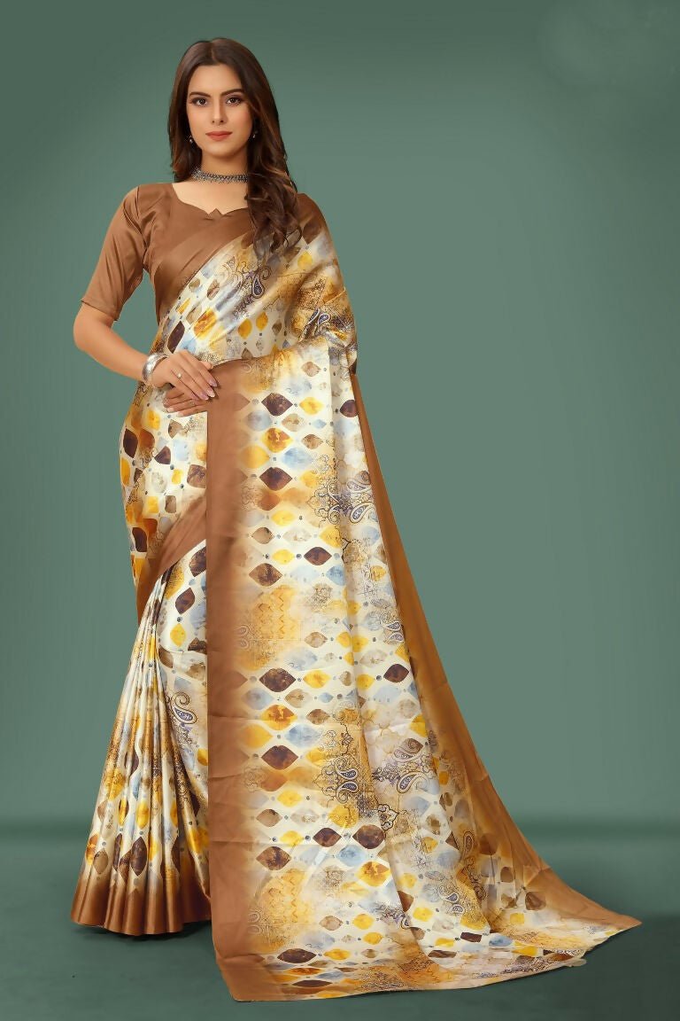 Aayaa Designer Printed Satin Saree - Multi Color