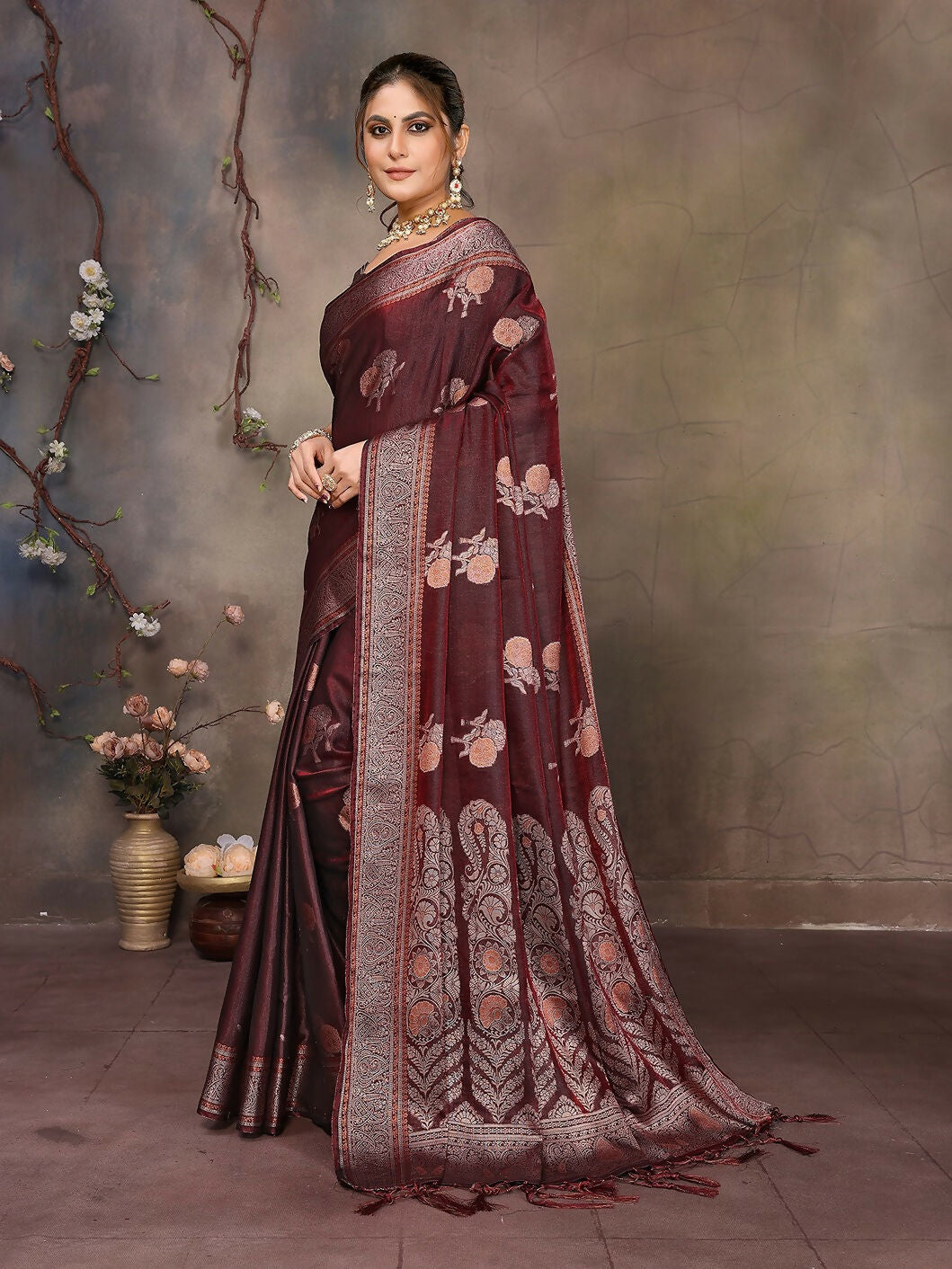 Joban Fashion Wine Woven Jacquard Banarasi Silk Sarees