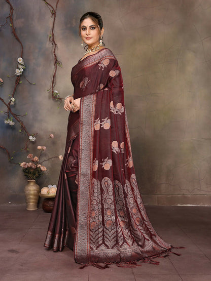 Joban Fashion Wine Woven Jacquard Banarasi Silk Sarees