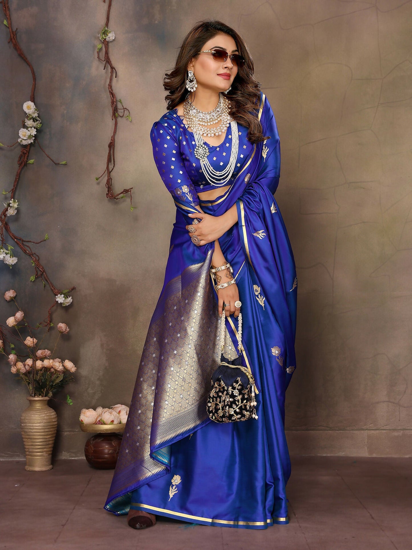 Joban Fashion Royal Blue Floral & Botanical Motifs Satin Silk Banarasi Silk Saree
