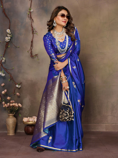 Joban Fashion Royal Blue Floral & Botanical Motifs Satin Silk Banarasi Silk Saree