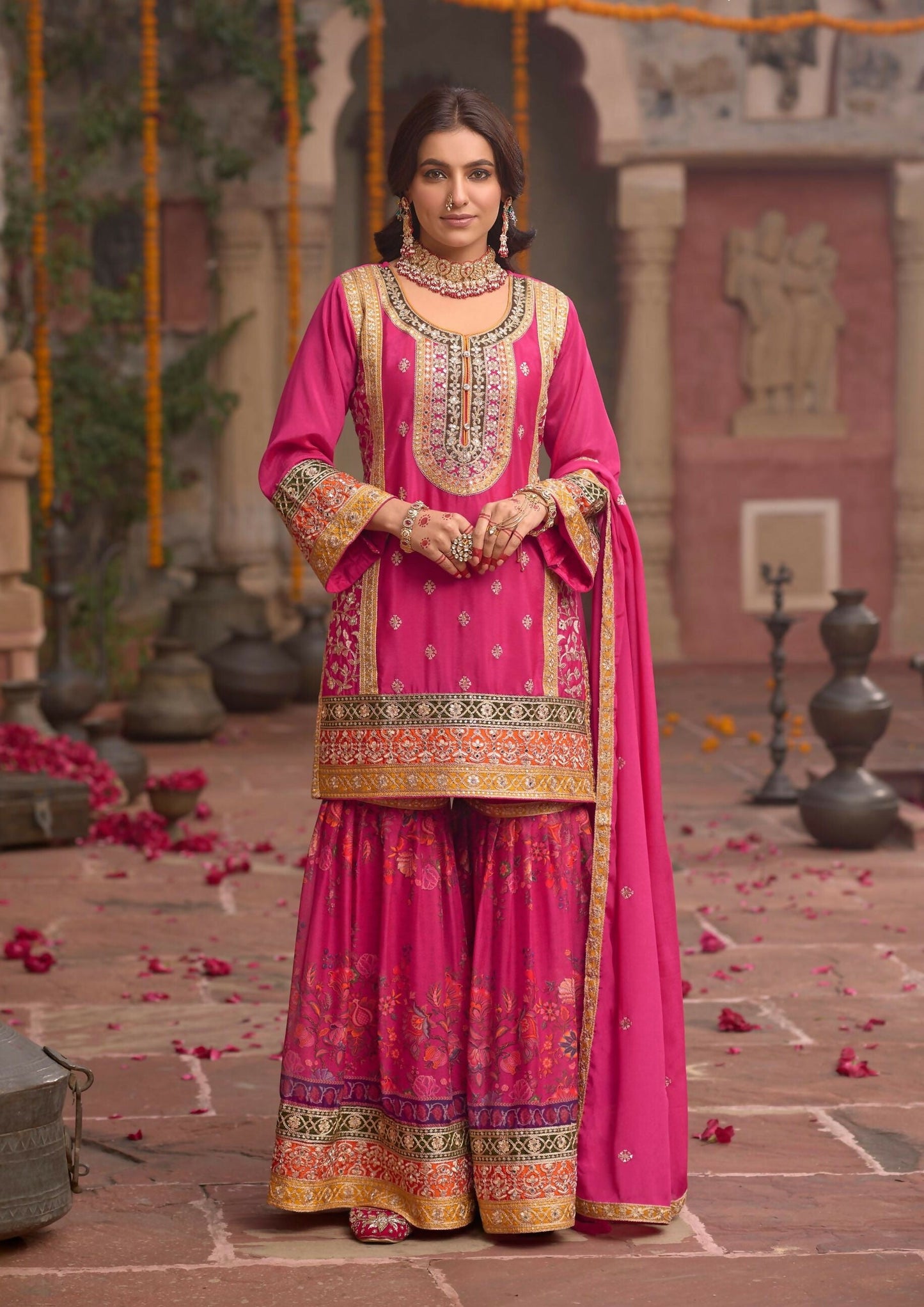 Anaita Rani-Pink Chinon Readymade Palazzo Suit with Codding Dori & Sequence Work