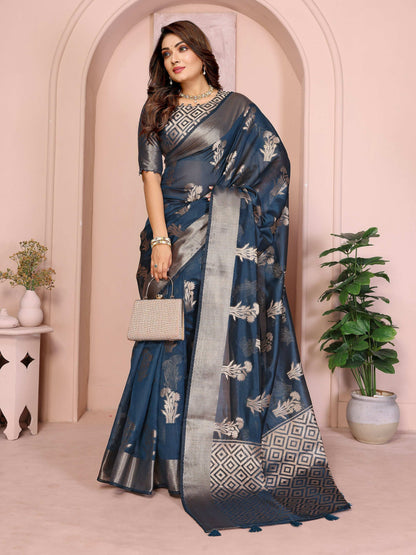 Aastha Fashion Teal Soft Organza Silk Weaving Saree