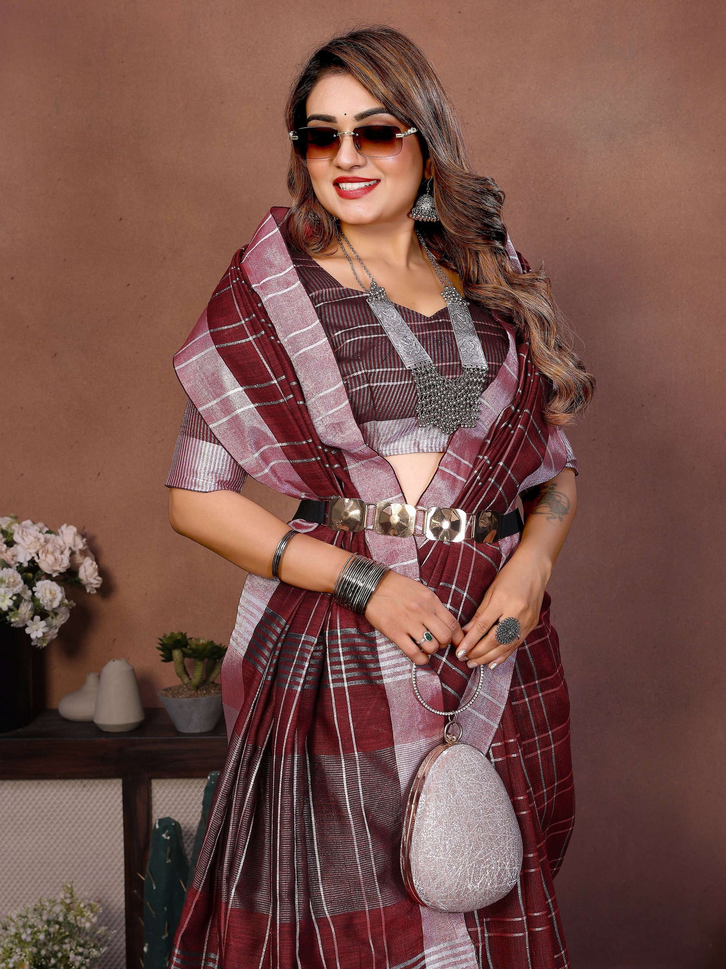 Aastha Fashion Red Linen Weaving Saree
