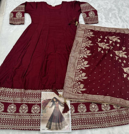 Anaita Maroon Vichitra Silk Anarkali Suit with Embroidery Sequins