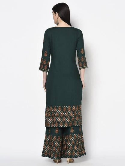 Aniyah Rayon Bottle Green Block Print Straight Kurta (AN-218K)