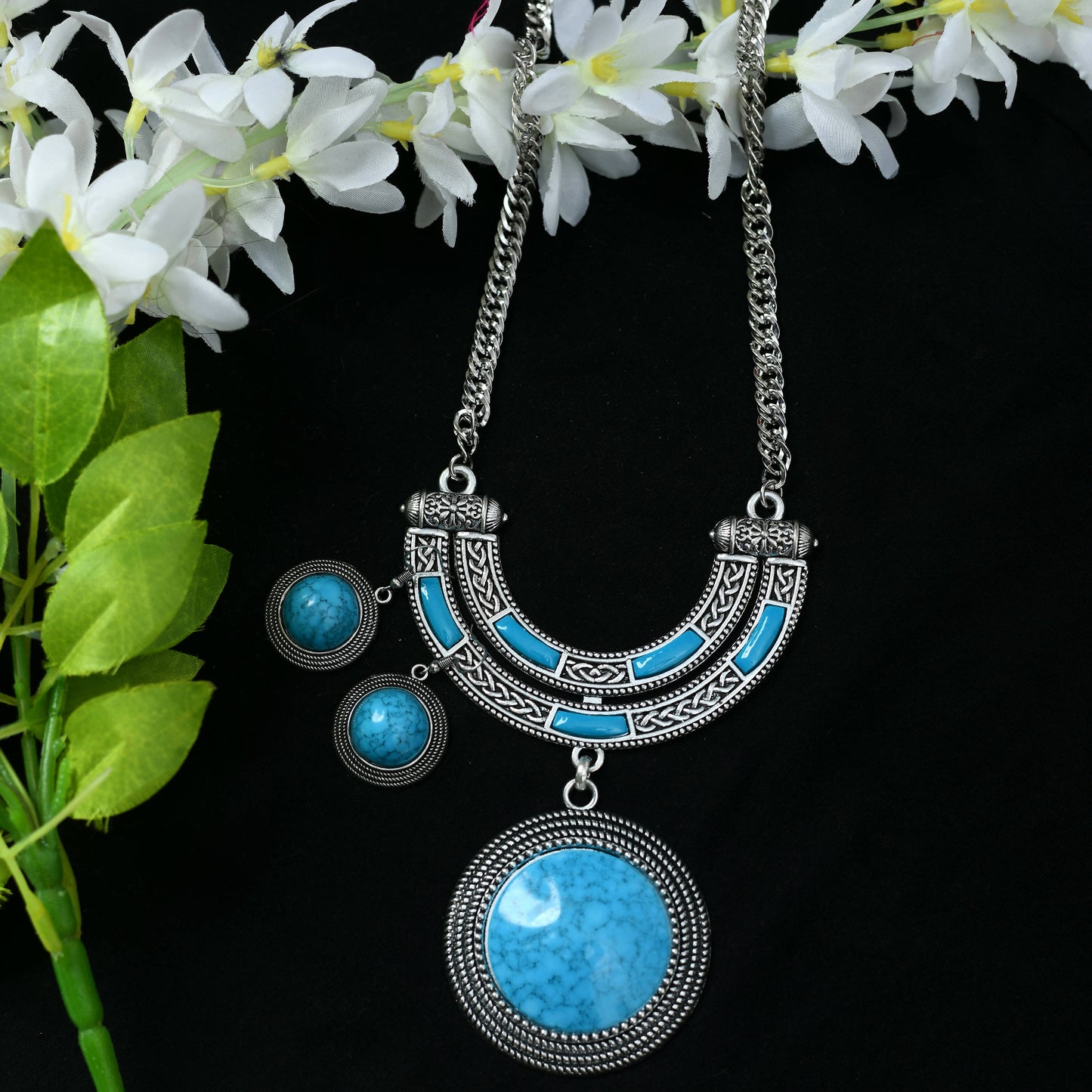 Mominos Fashion Johar Kamal Oxidised Silver-Plated Stone Work Long Necklace Handicraft Sky Blue