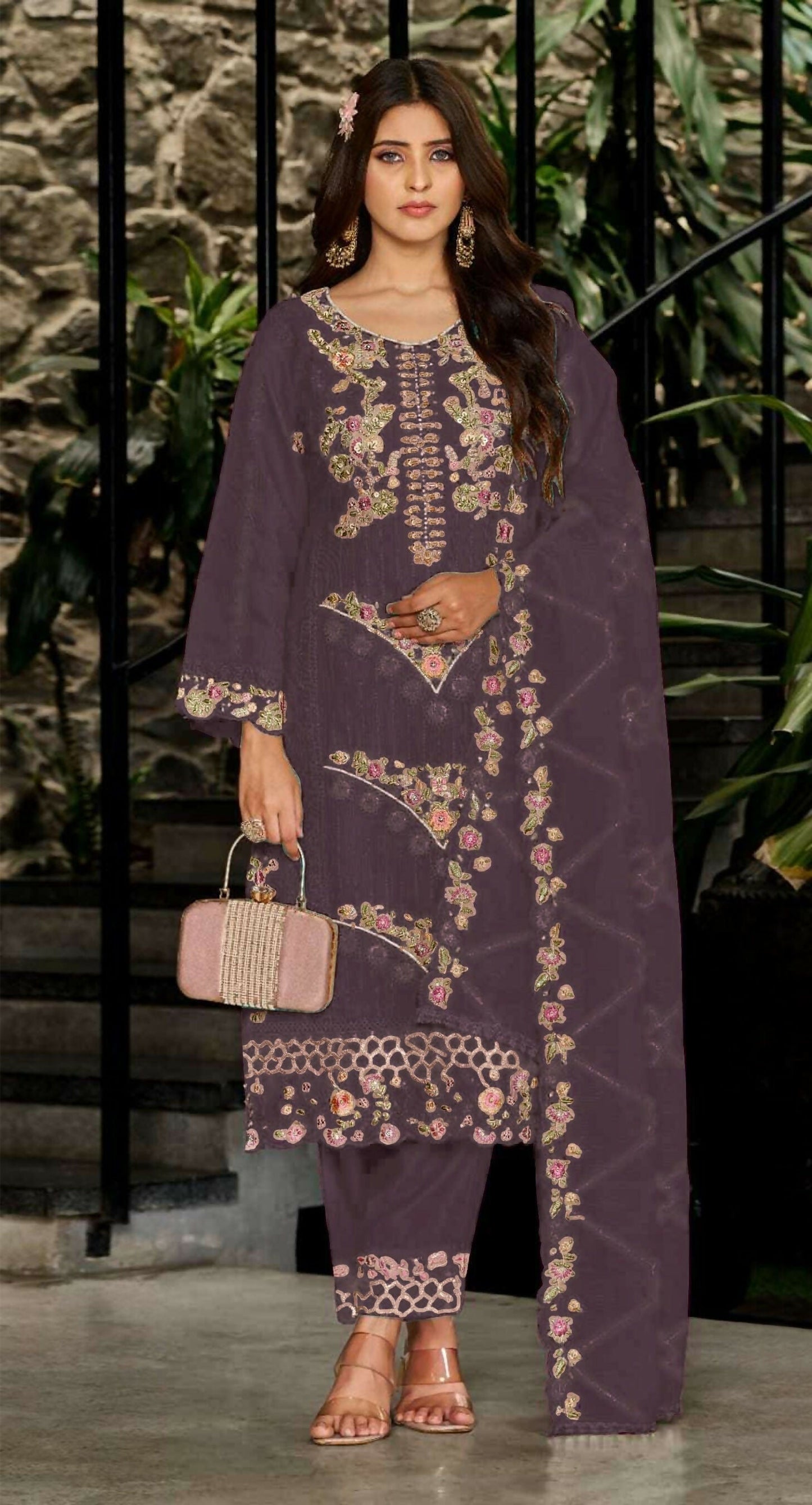 Anaita Purple Fox Georgette Stitched Suit with Embroidery Sequins & Khatli Work