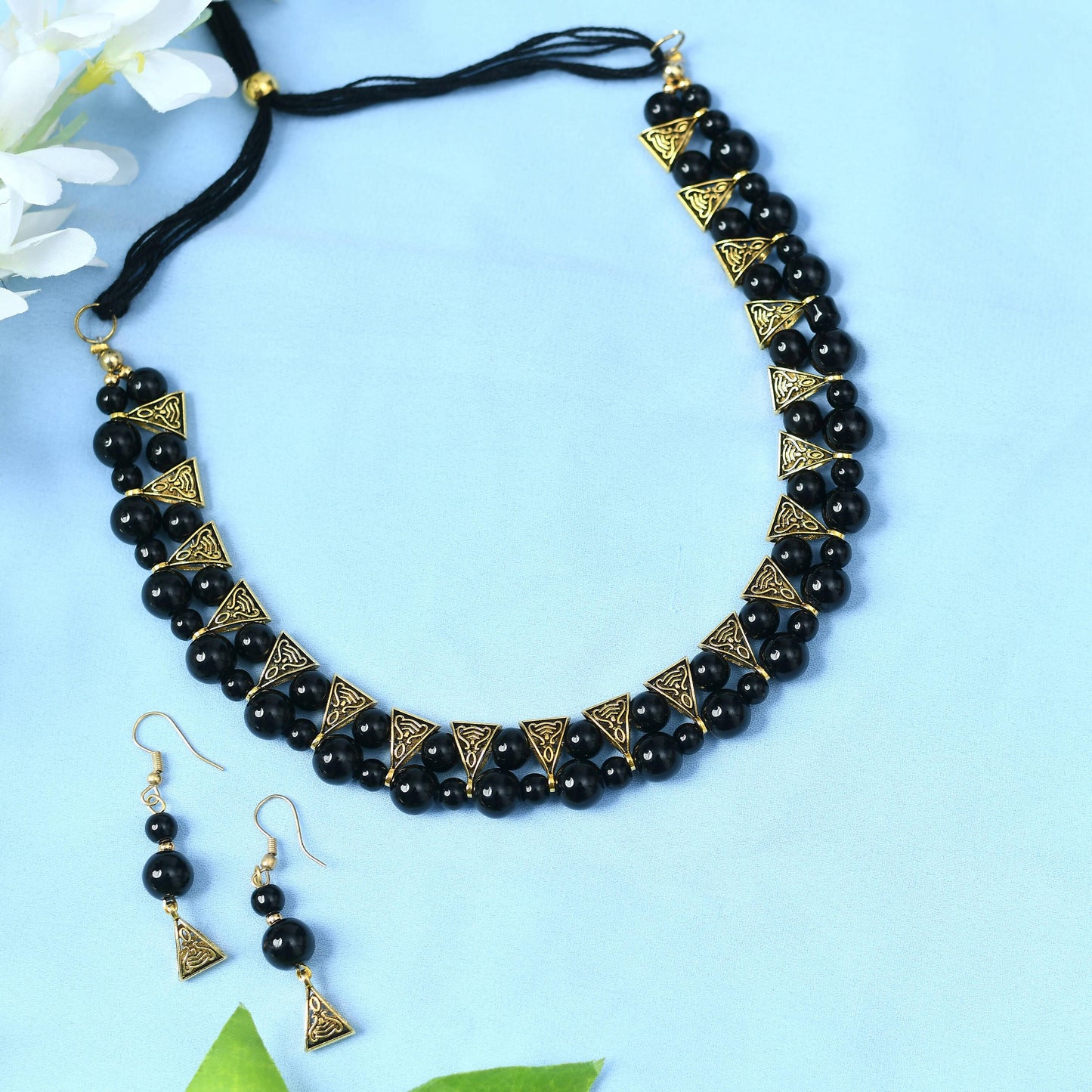 Mominos Fashion Johar Kamal Gold-Polished Brass Finish Pearls Work Choker For Women (Black)