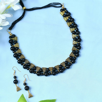 Mominos Fashion Johar Kamal Gold-Polished Brass Finish Pearls Work Choker For Women (Black)