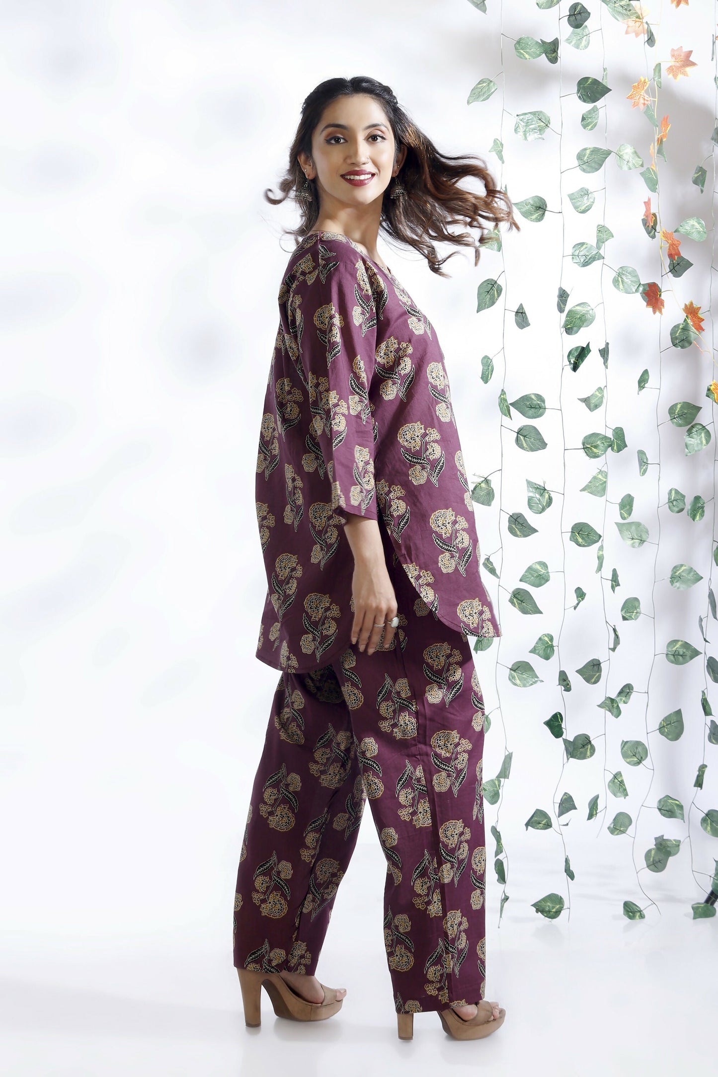 Breathables Wine Butta Cotton Co-Ord Set – Kurta With Straight Pants
