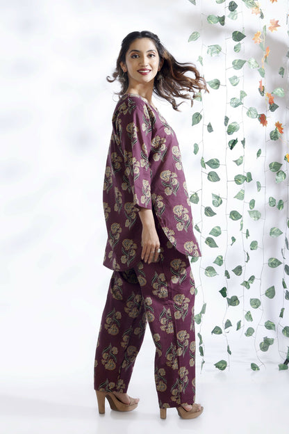 Breathables Wine Butta Cotton Co-Ord Set – Kurta With Straight Pants
