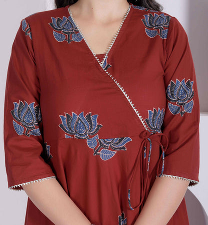 Miravan Women Rust Floral Printed Angrakha Kurta And Dupatta