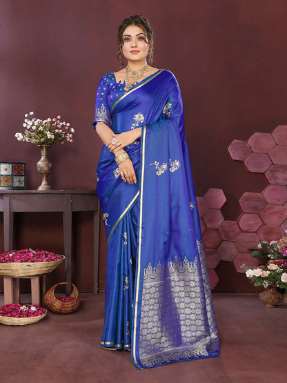 Joban Fashion Blue Floral Banarasi Silk Sarees
