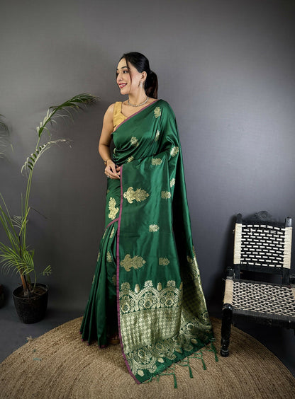 Joban Fashion Dark Green Banarasi Lichi Silk Gold Zari Meena Saree