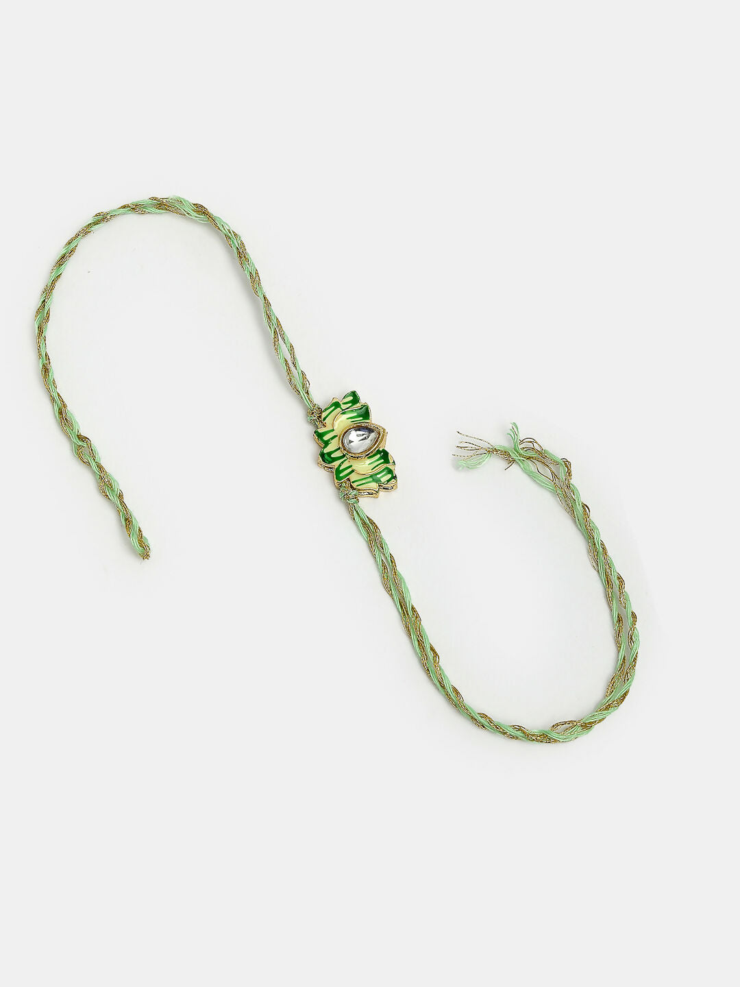 NVR Women & Men Set of 2 Green Lotus Shape Kundan-Studded & Beaded Handcrafted Wraparound Rakhi Set With Roli Chawal