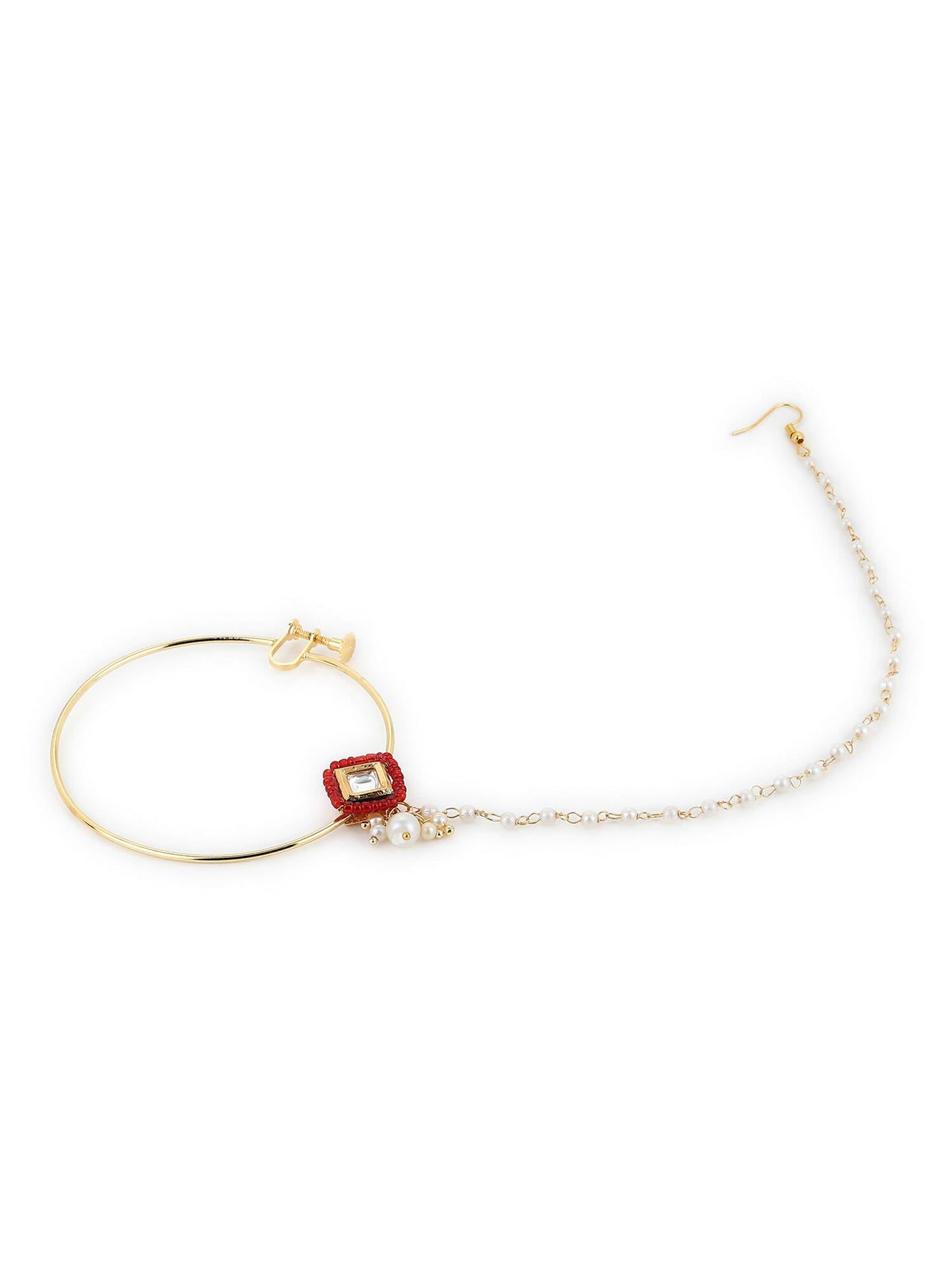White Red Gold-Polished Kundan-Studded Beaded Nosepin - Ruby Raang