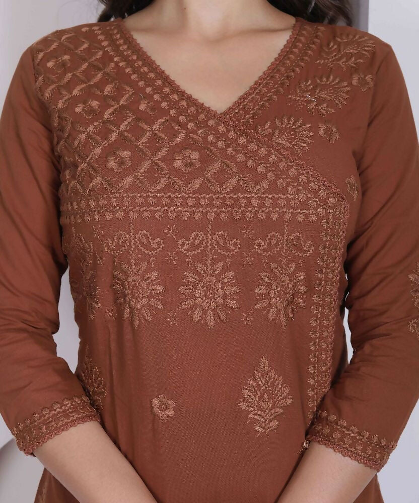 Miravan Womens Brown Floral Printed Angrakha Style Kurta With Palazzo