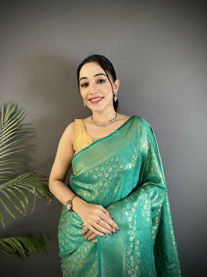 Joban Fashion Rama Green Floral & Paisley Motifs Soft Satin Silk Banarasi Saree