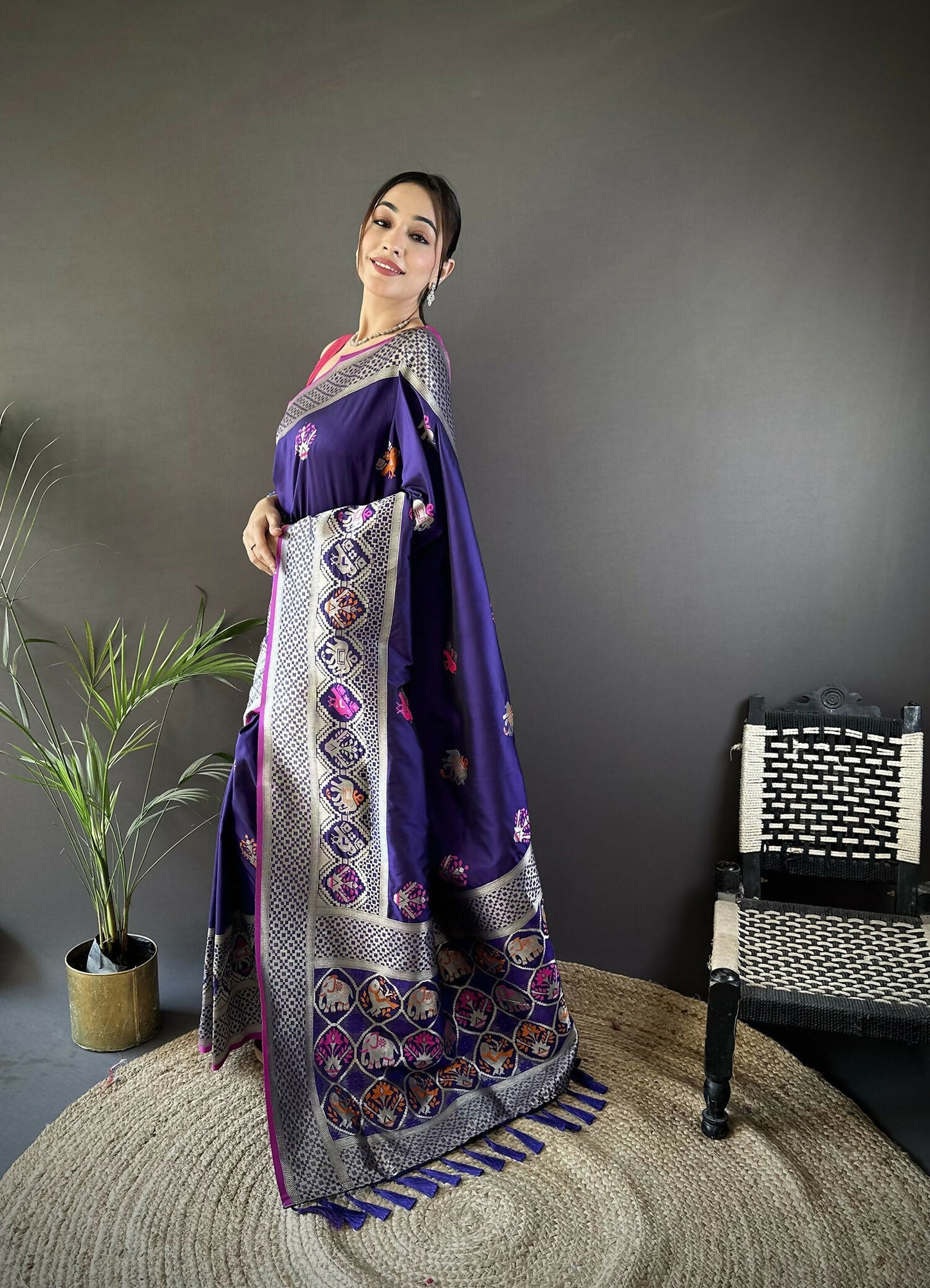 Joban Fashion Royal Blue Elephant & Floral Motifs Soft Lichi Silk Banarasi Saree