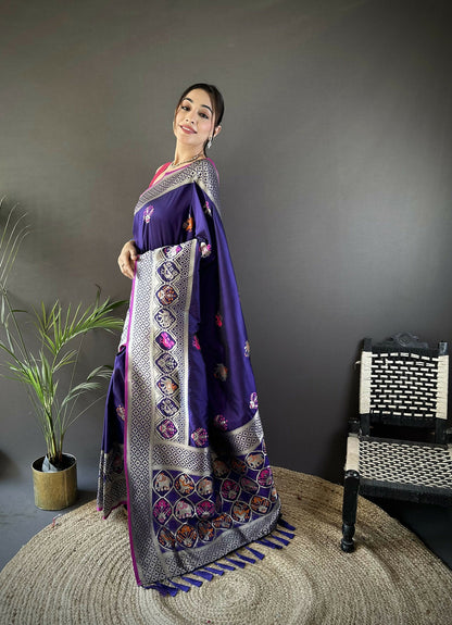 Joban Fashion Royal Blue Elephant & Floral Motifs Soft Lichi Silk Banarasi Saree