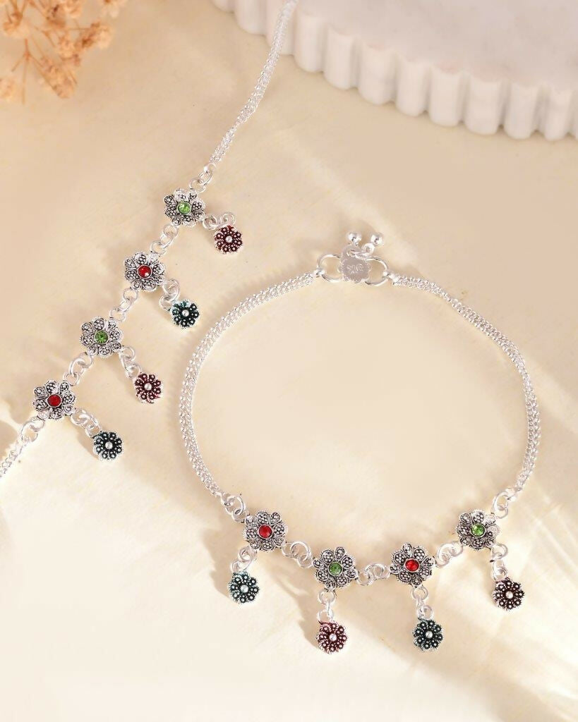 VOJ Set of 2 Silver Plated Meenakari Multi Color Anklet
