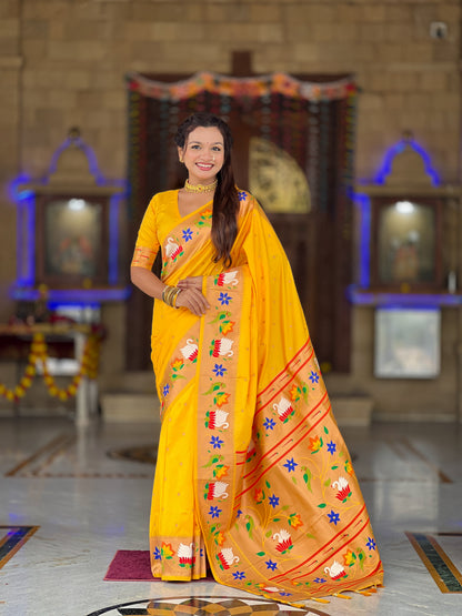 Mameraa Sarees Yellow Faux Banarasi Silk Saree With Paithani Rich Weaved Pallu And Blouse-Yellow