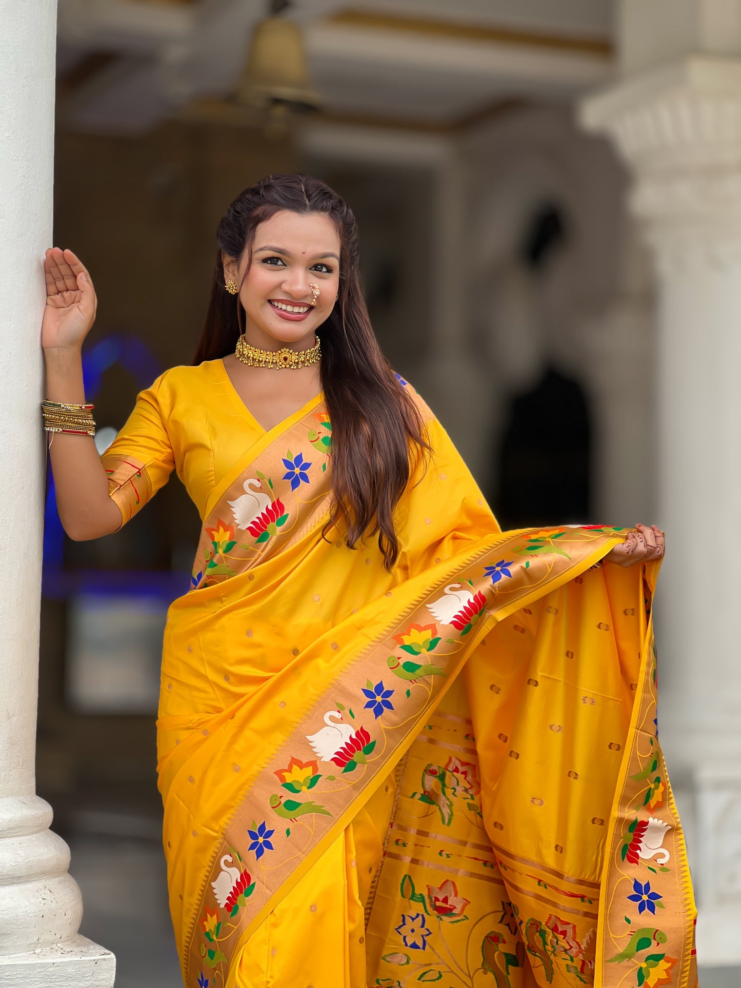 Mameraa Sarees Yellow Faux Banarasi Silk Saree With Paithani Rich Weaved Pallu And Blouse-Yellow