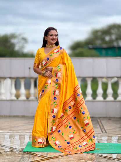 Mameraa Sarees Yellow Faux Banarasi Silk Saree With Paithani Rich Weaved Pallu And Blouse-Yellow