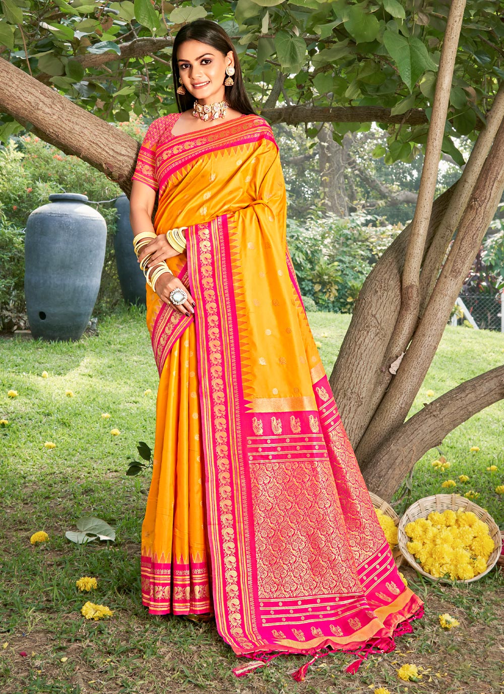 Anaita Yellow Silk Saree With Blouse Piece