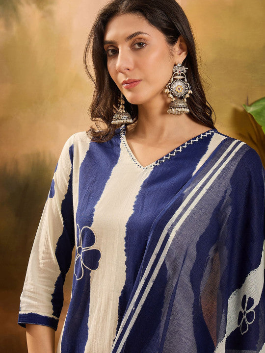 Sangria Floral Printed V-Neck Pure Cotton Straight Kurta With Trousers And Dupatta