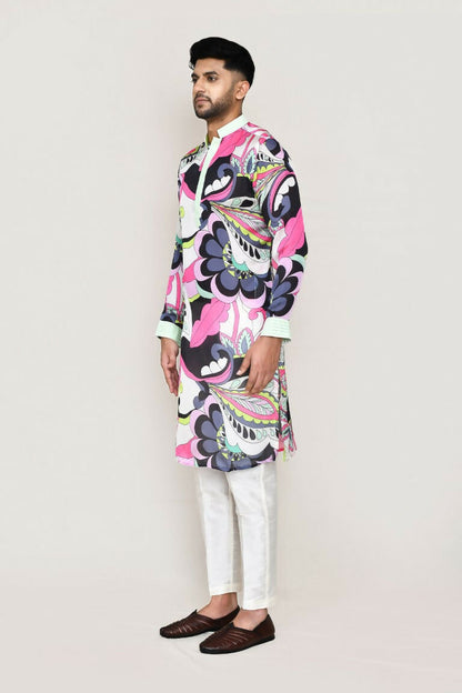 Joban Fashion Printed Colored Satin Silk Fabric Kurta With Straight Fit Pant