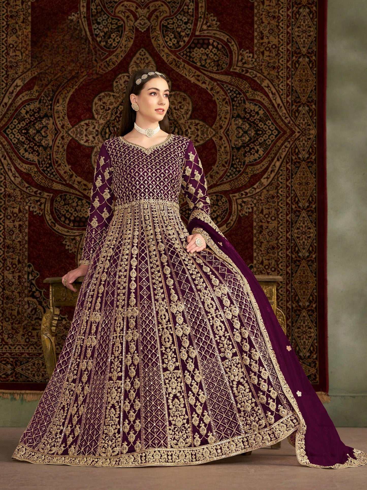 Anaita Purple Embroidered Net Stitched Anarkali Suit