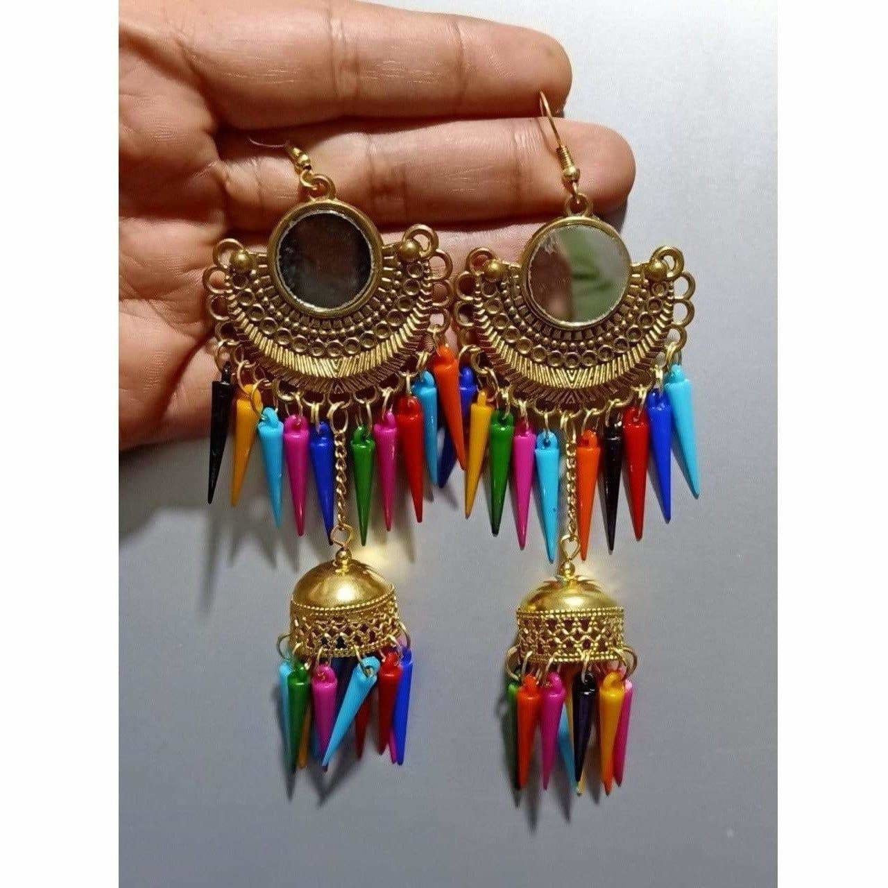 MS Fashion India Gold Color Earrings With Jhumka And Multicolor Metal Drops