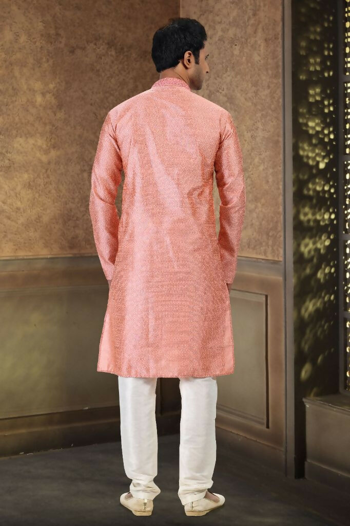 Raivat Ethnic Jacquard Banarasi Silk Thread Work Kurta Pajama In Dark Pink Colour